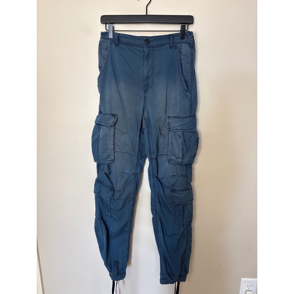 Free People Women City High Waist Cargo Pants Blue Grid Size 4 High Rise Cinch